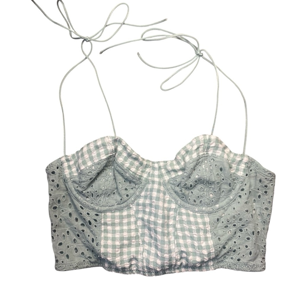 Urban Outfitters Gingham Eyelet Crop Top Size Small Tie-Back Bralette Corset - Picture 2 of 10